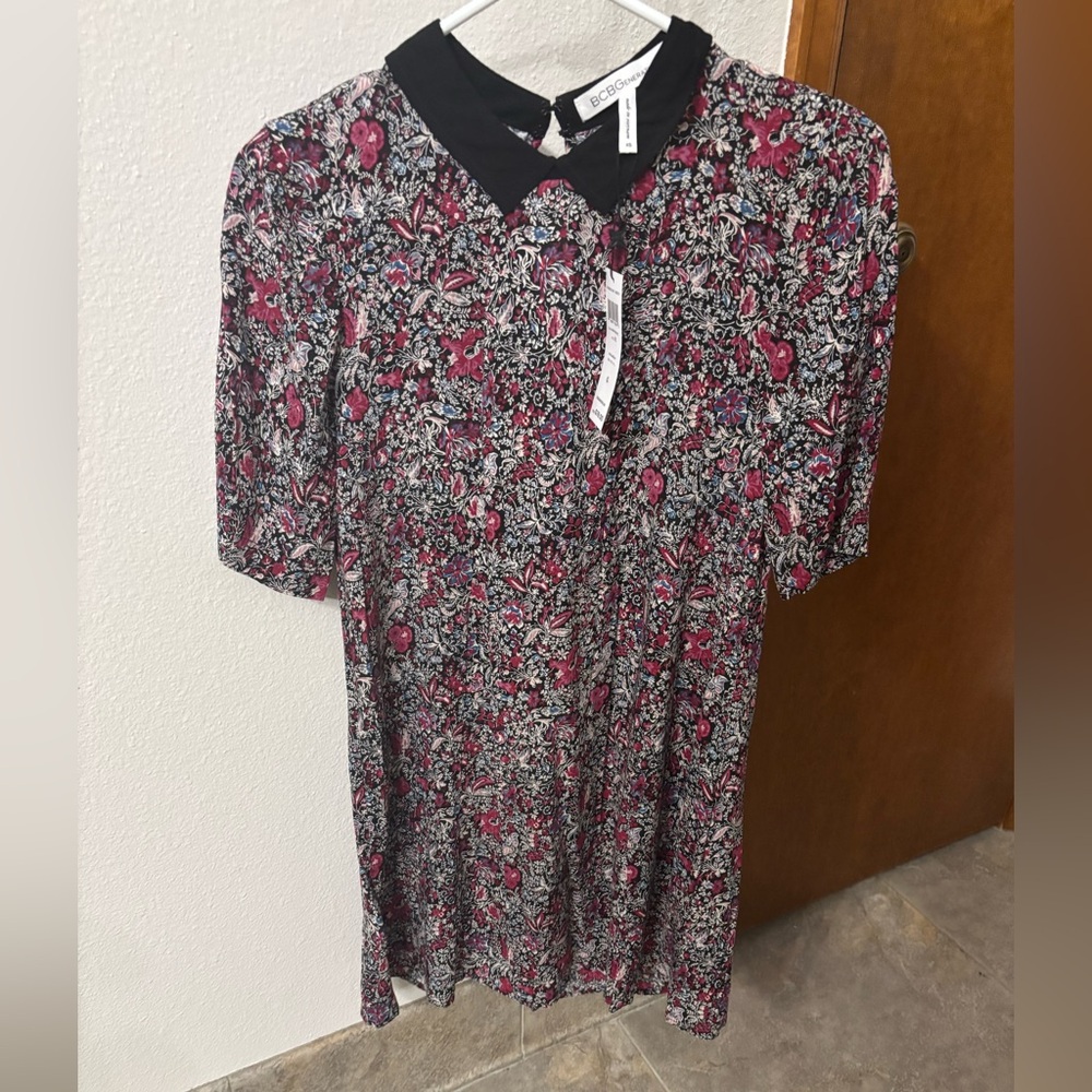 BCBGeneration White and Pink Smocked Blouse with Peter Pan Collar